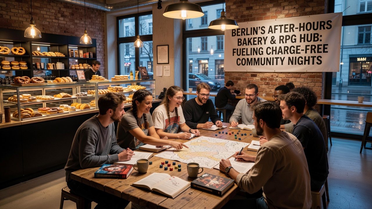 Innenansicht einer Berliner Bäckerei mit aufgebauten Spielmaterialien für RPG- und Partyspiele am Abend