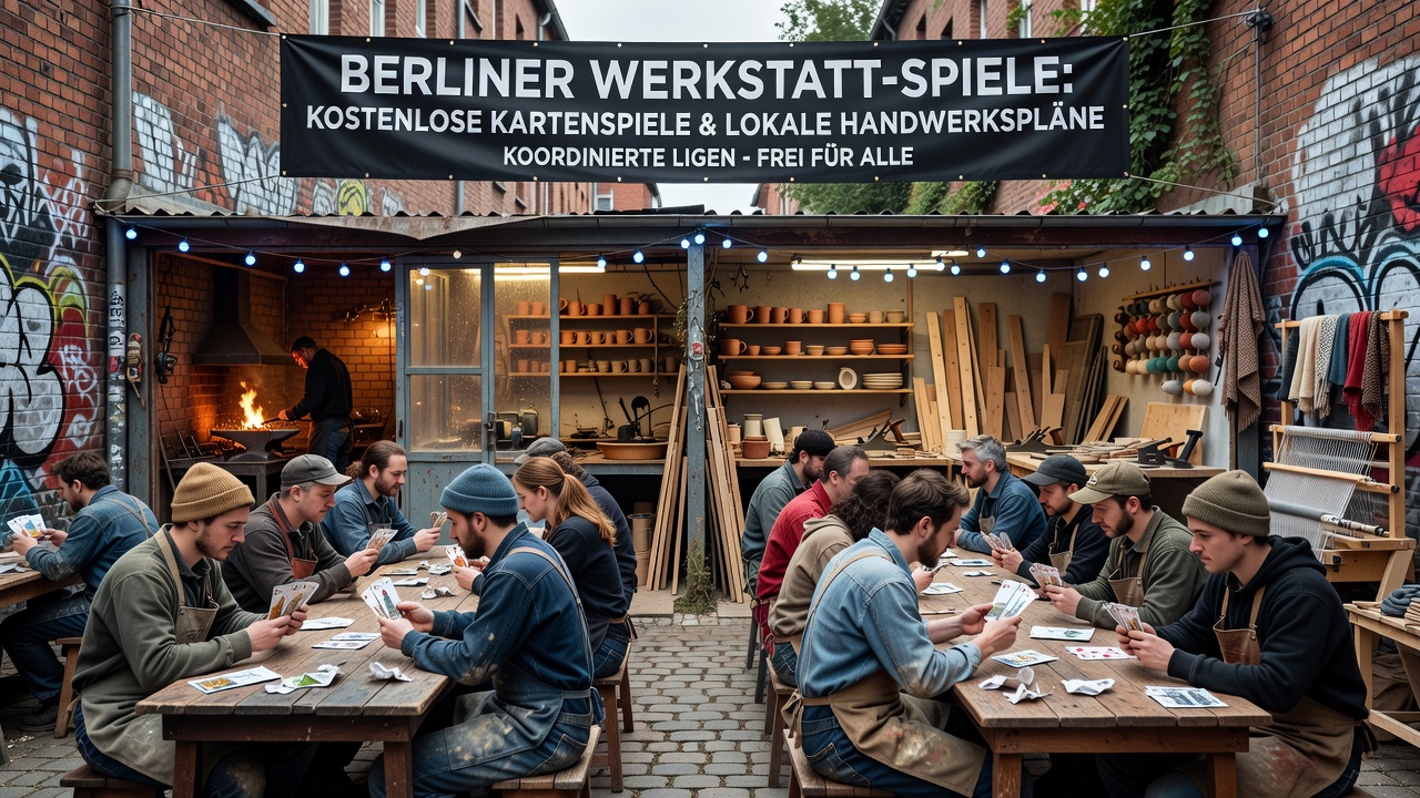 Gruppe von Spielern in einer Berliner Werkstatt während einer Kartenspielrunde