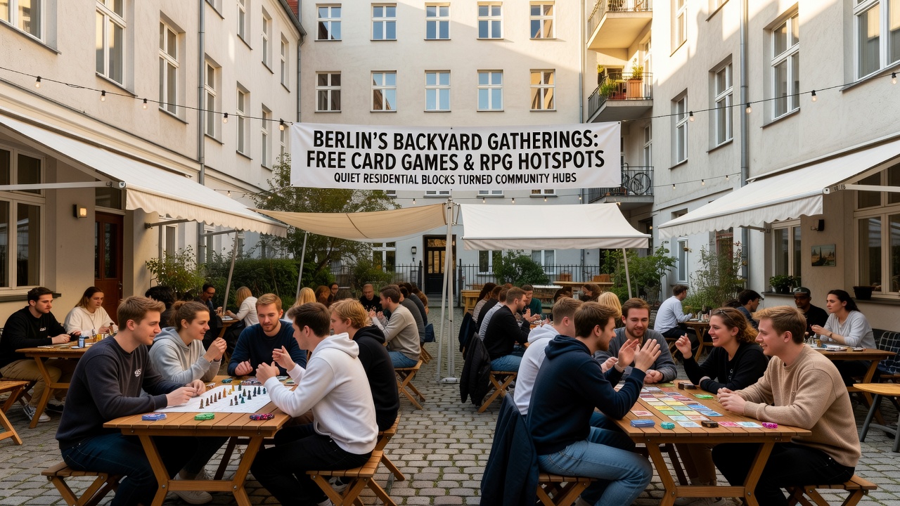 Abendliche Szene mit Spielern an Tischen in einem belebten Berliner Hinterhof