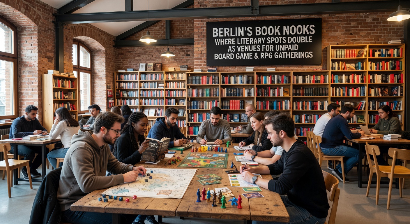 Gruppe von Menschen spielt RPG in einer gemütlichen Bibliotheksnische mit Bücherregalen im Hintergrund