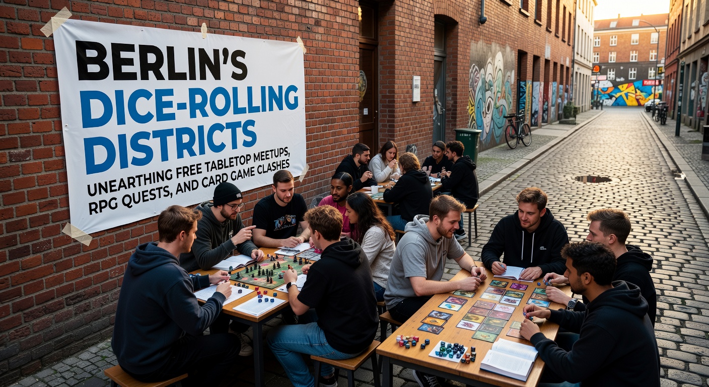 Gruppe von Spielern mit Würfeln und Brettspielen in einem Berliner Café, beleuchtet von warmem Licht, das die Atmosphäre eines lebendigen Meetups einfängt