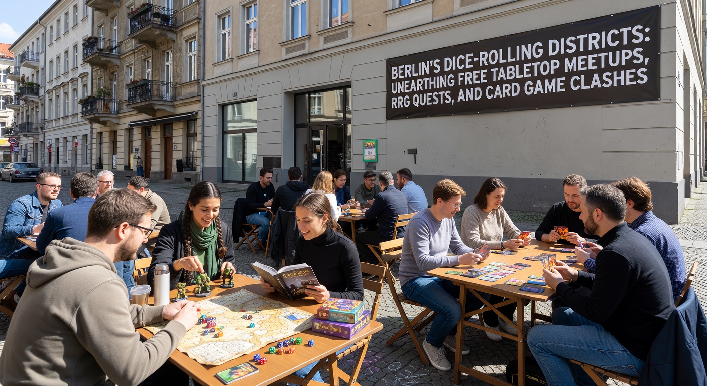 Spieler um einen Tisch in Friedrichshain, vertieft in eine RPG-Session mit Karten, Figuren und Würfeln, umgeben von Kerzenlicht und Notizblöcken