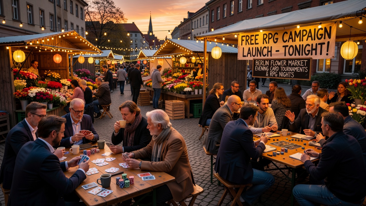 Abendliche Szene auf einem Berliner Blumenmarkt mit Spielern bei Kartenduellen und RPG-Sitzungen