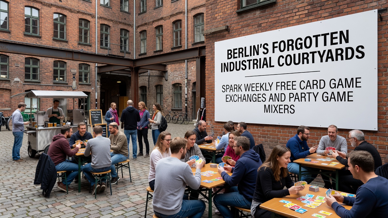 Schichtarbeiter bei einem abendlichen Kartenspiel-Mixer in einem Berliner Industriehof