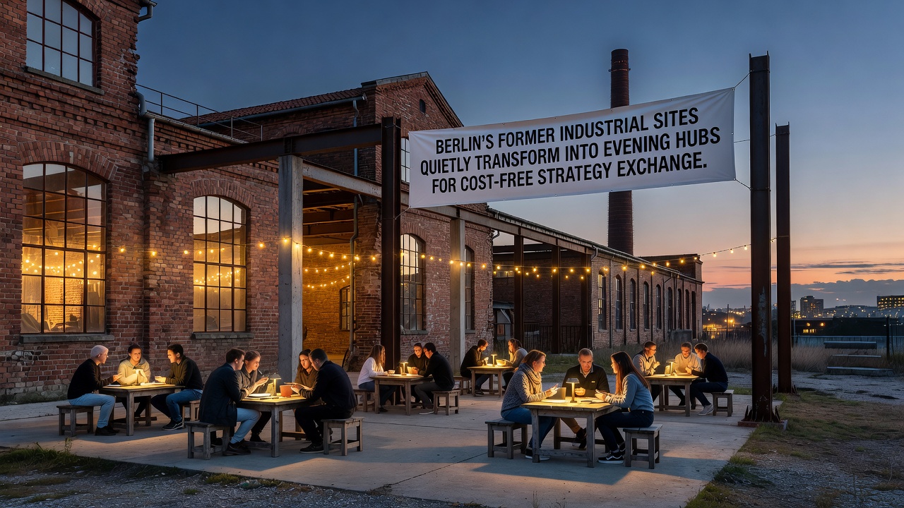 Abendliche Szene in einer umgenutzten Berliner Industriehalle mit vielfältigen Menschen bei kostenlosen Strategiespielen und narrativen Sitzungen