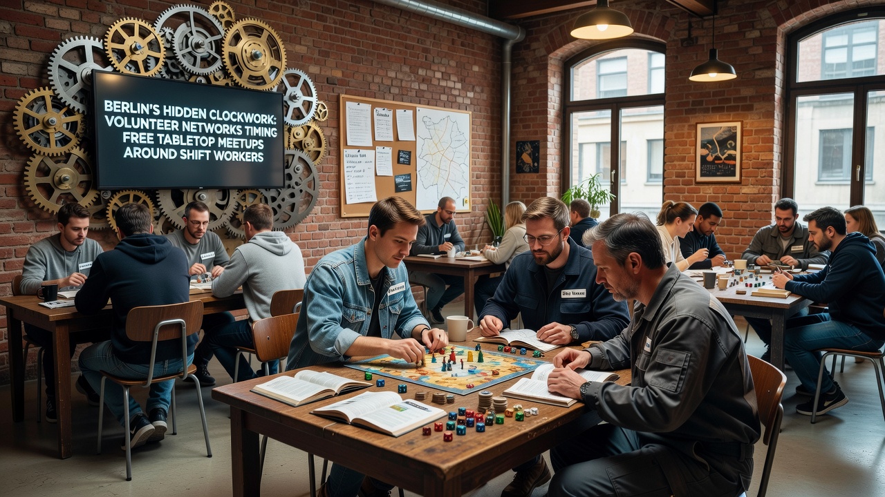 Nächtliche Tabletop-Runde in einem Berliner Park mit Schichtarbeitern und Freiwilligen