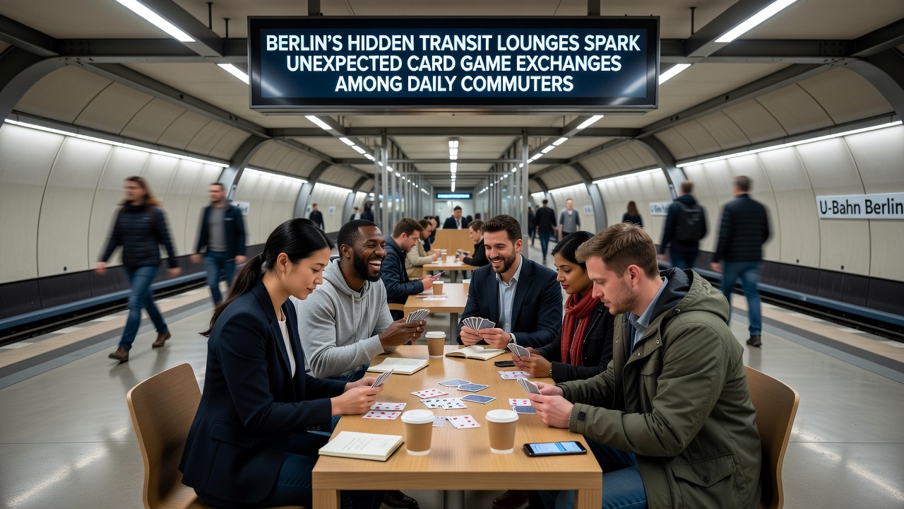 Gruppe von Pendlern spielt Karten in einer versteckten Transit-Lounge in Berlin
