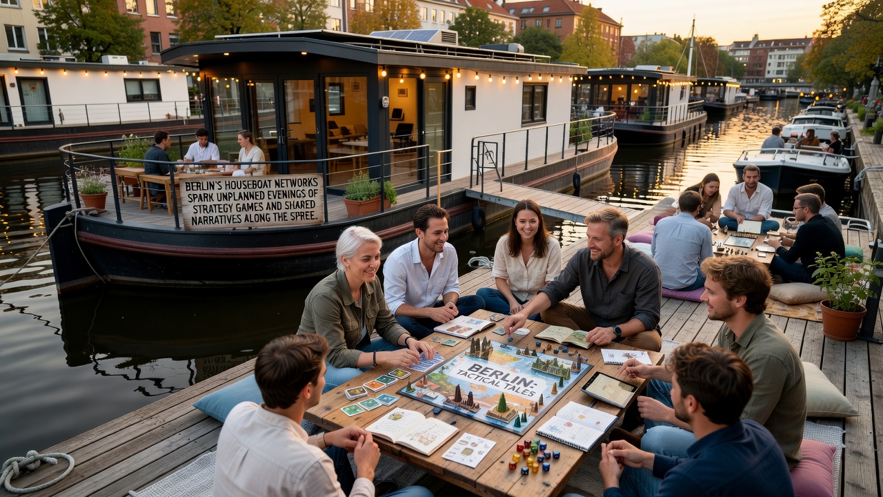 Gruppe von Spielern auf einem Hausboot mit Karten und Figuren bei einer Erzählrunde