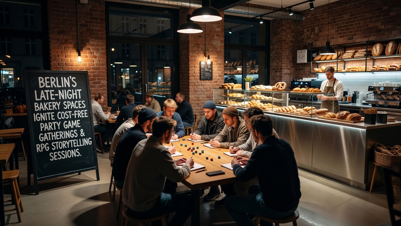 Gruppe von Spielern in einer Bäckerei, die Karten und Würfel auf einem Tisch arrangieren, mit Brotregalen im Hintergrund
