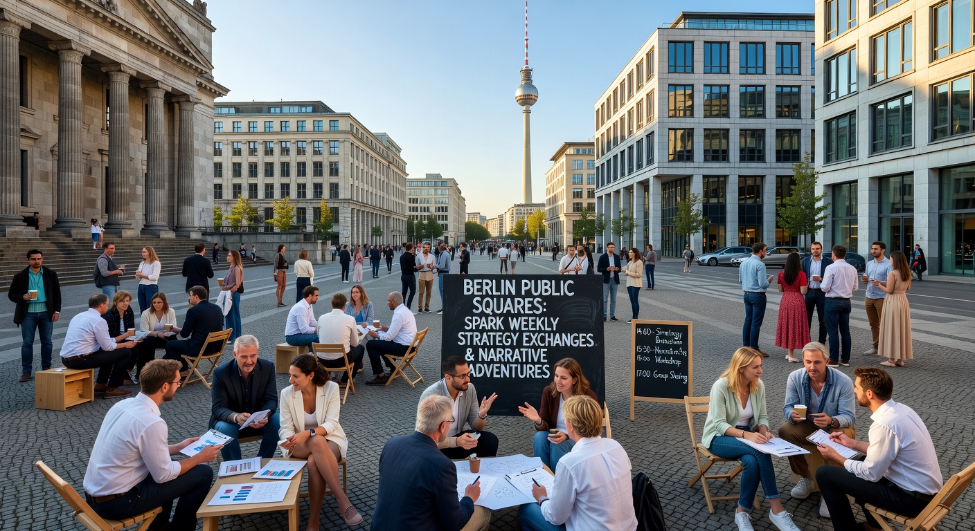 Menschen unterschiedlicher Hintergründe sitzen im Kreis auf einem Platz und tauschen Ideen sowie Geschichten aus
