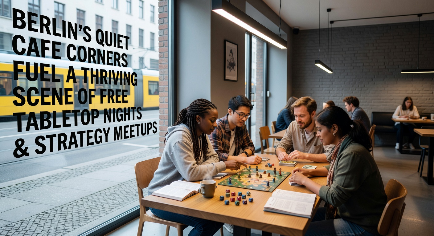 Gruppe von Spielern bei einem Strategie-Meetup in einem Berliner Café
