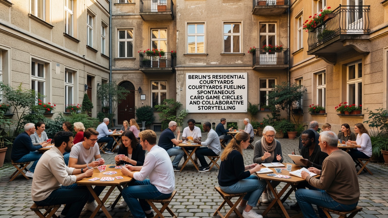 Gruppe in einem Berliner Hof während einer Storytelling-Session mit Karten