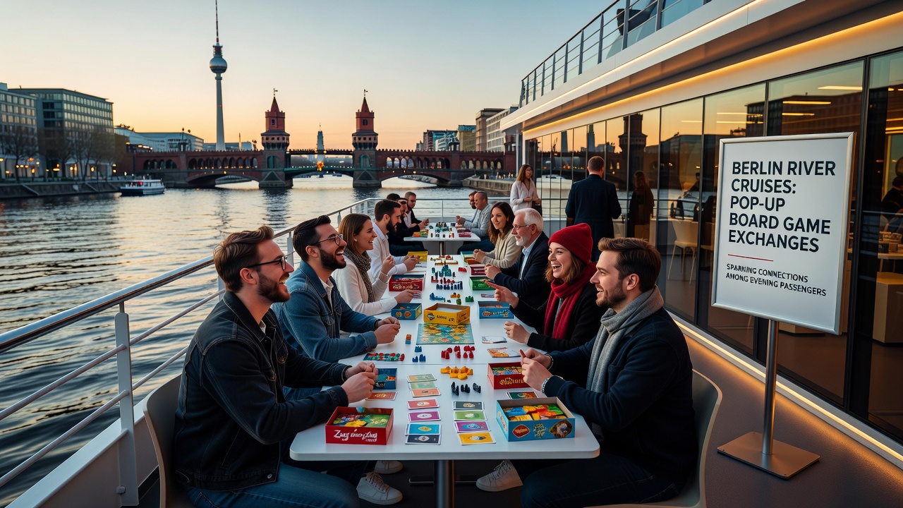 Gruppe von Passagieren spielt Brettspiele auf dem Deck eines Berliner Flussboots