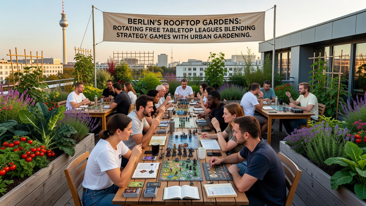 Gruppe beim Strategiespiel auf einem begrünten Dach mit Blick auf die Stadt