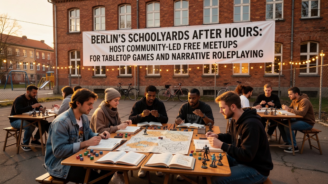Gruppe bei einem narrativen Rollenspiel auf einem beleuchteten Schulhof in Berlin
