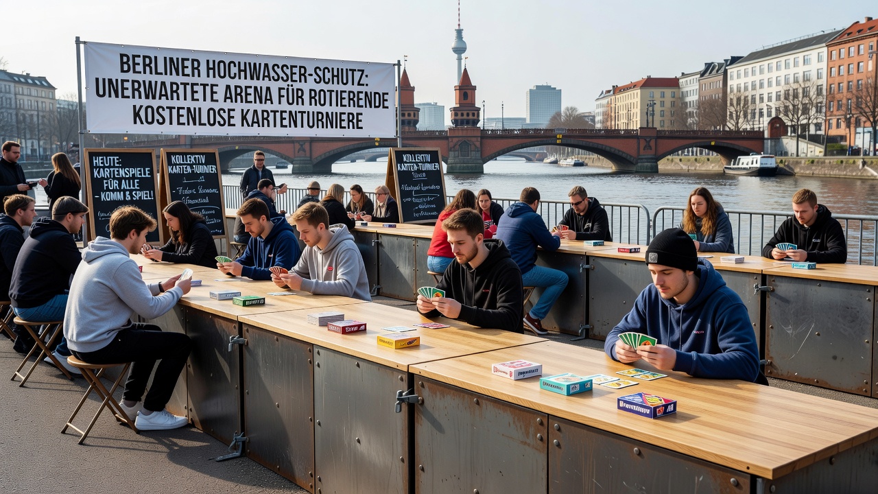 Gruppen von Spielern an einer Berliner Flutbarriere bei einem abendlichen Kartenturnier mit RPG-Elementen
