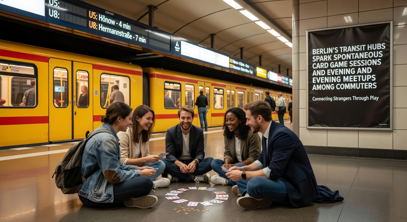 Gruppe von Pendlern spielt Karten an einem Berliner U-Bahn-Steig in den Abendstunden