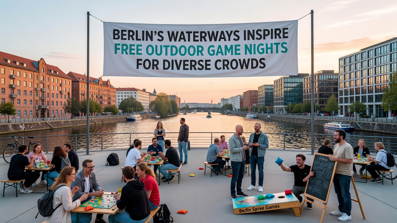 Diverse Menschen spielen Outdoor-Spiele an einem Berliner Flussufer mit Booten im Hintergrund