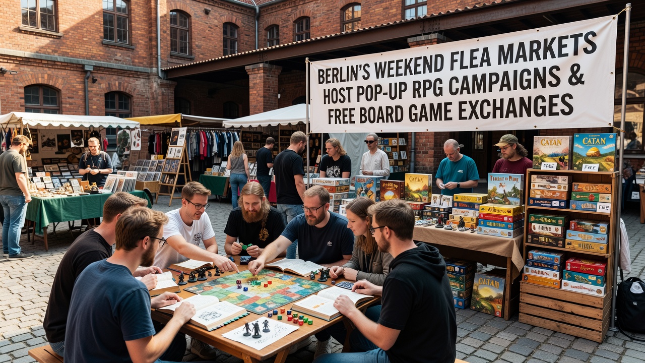 Teilnehmer an einem Berliner Flohmarkt beim Tausch von Brettspielen und Vorbereitung einer RPG-Session
