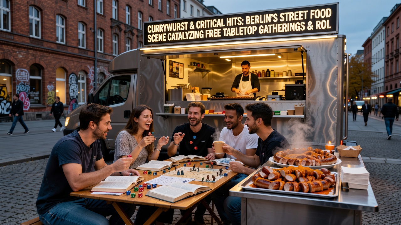 Gruppe von Spielern bei einem Currywurst-Imbiss in Berlin während einer kostenlosen Tabletop-Session