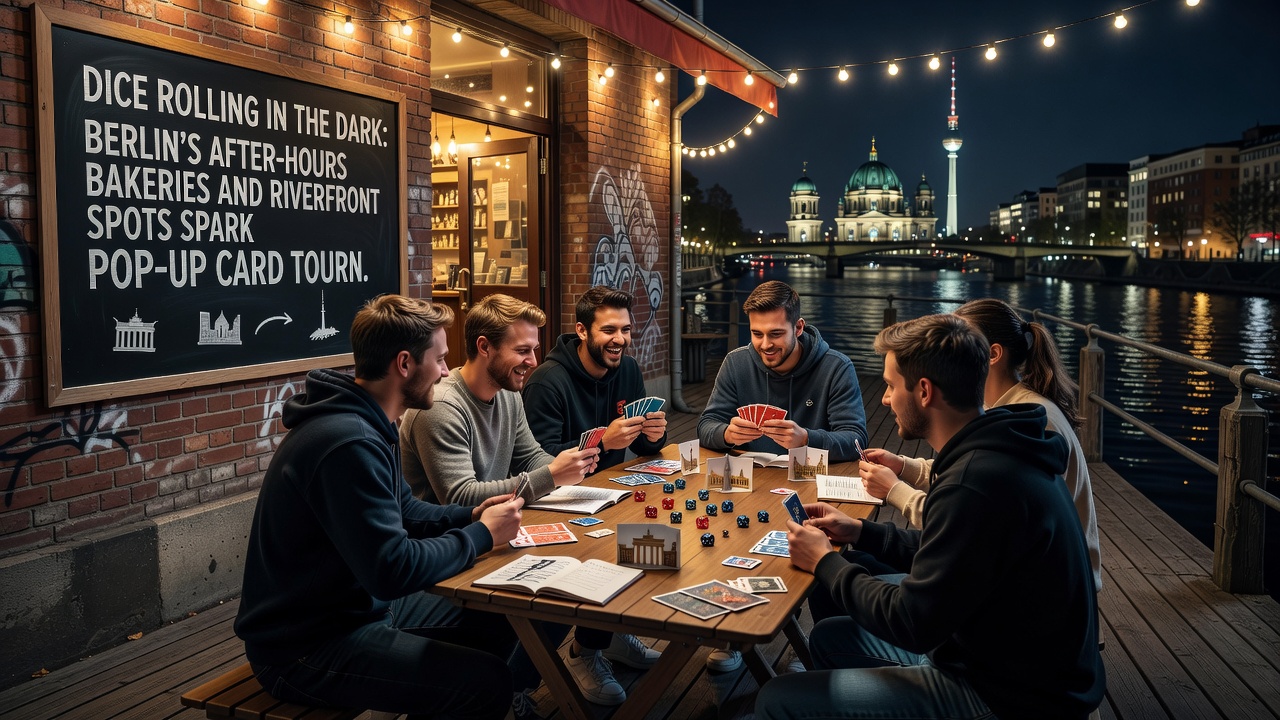 Gruppe spielt an einem Berliner Flussufer bei Nacht mit Karten und Würfeln