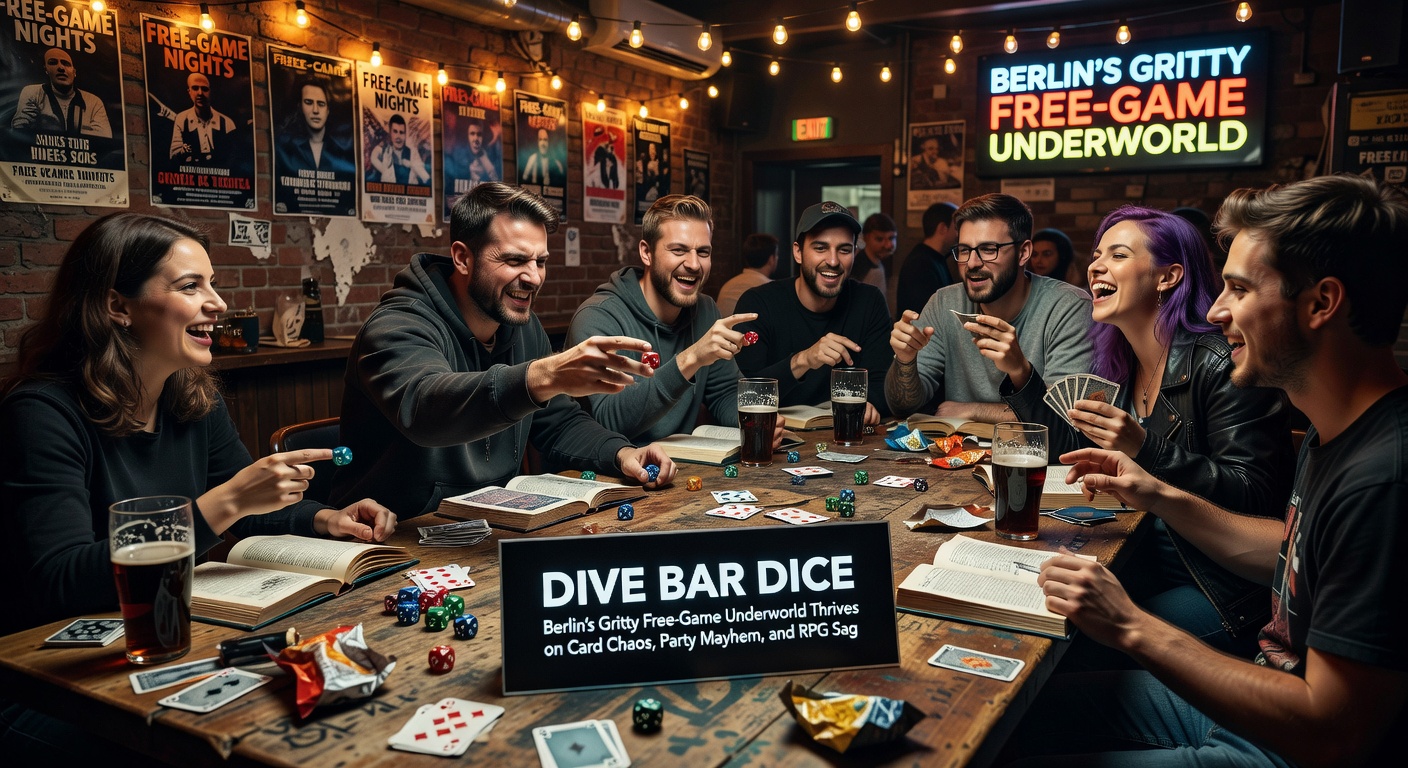 Eine Gruppe junger Erwachsener in einer vollen Dive Bar spielt Karten und Würfelspiele, mit Gläsern und Zigarettenqualm im Hintergrund