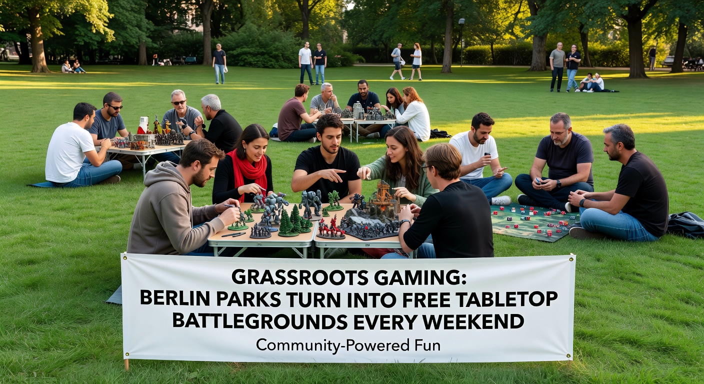 Eine Gruppe junger Erwachsener und Teens sitzt im Kreis auf dem Rasen eines Parks, konzentriert auf ein Tabletop-Board mit Fantasy-Figuren; im Hintergrund Bäume und Spaziergänger in Berlin.