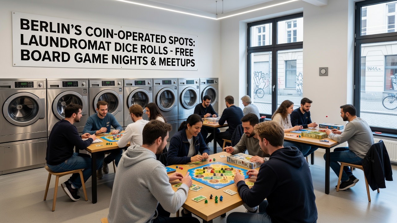 Gruppe von Spielern an einem Tisch in einem Waschsalon mit Würfeln und Spielkarten während eines Abends