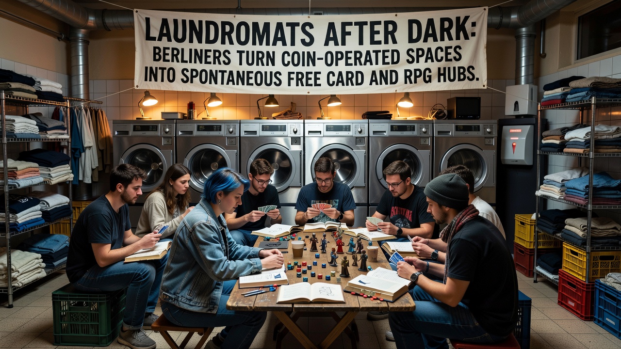 Group of diverse people gathered around tables in a dimly lit Berlin laundromat playing tabletop RPGs with dice and cards
