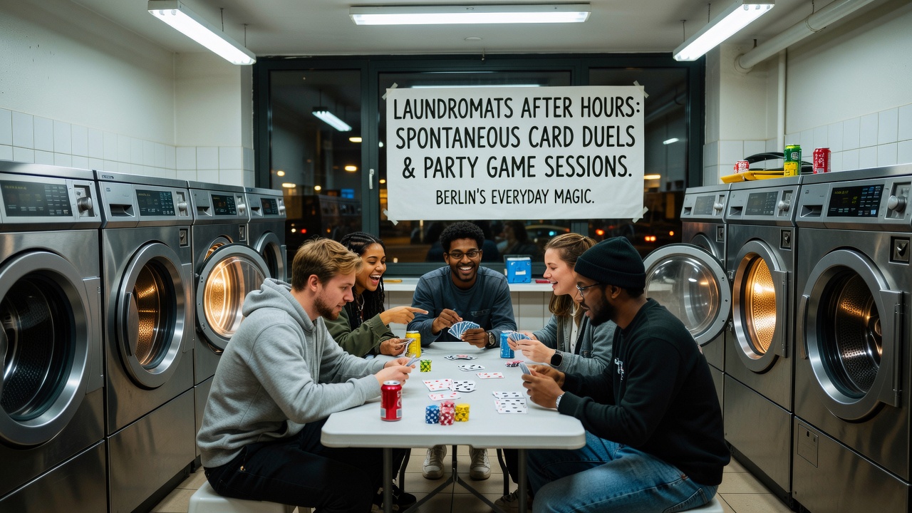 Gruppe beim Spielen von Kartenspielen in einem beleuchteten Berliner Waschsalon