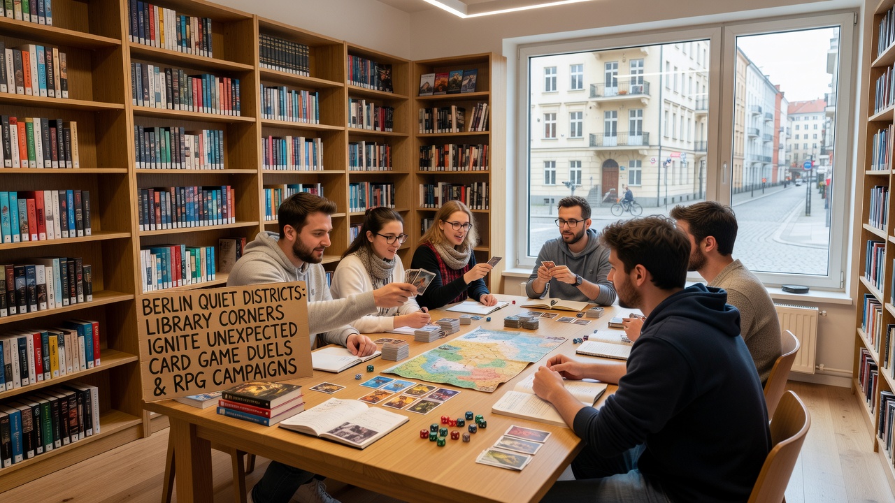 Gruppe von Spielern in einer Bibliotheksnische während einer RPG-Sitzung mit Karten und Notizbüchern auf dem Tisch