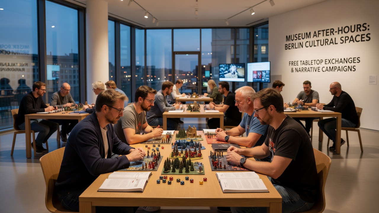 Gruppe von Personen bei einem Tabletop-Austausch in einem Museumssaal nach Feierabend