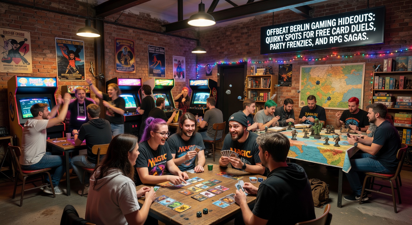 Gruppe auf einer Berliner Dachterrassen bei Sonnenuntergang, umgeben von Party-Spielen, Kartenstapeln und Würfeln, mit Stadtlichtern am Horizont