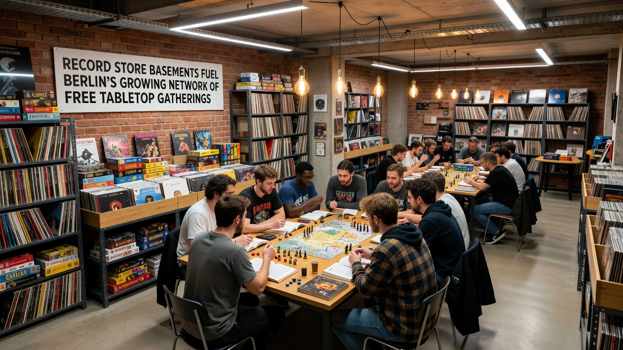 Gruppe von Spielern an einem großen Tisch in einem Plattenladen-Keller, umgeben von Regalen mit Schallplatten, während ein Kartenspiel läuft