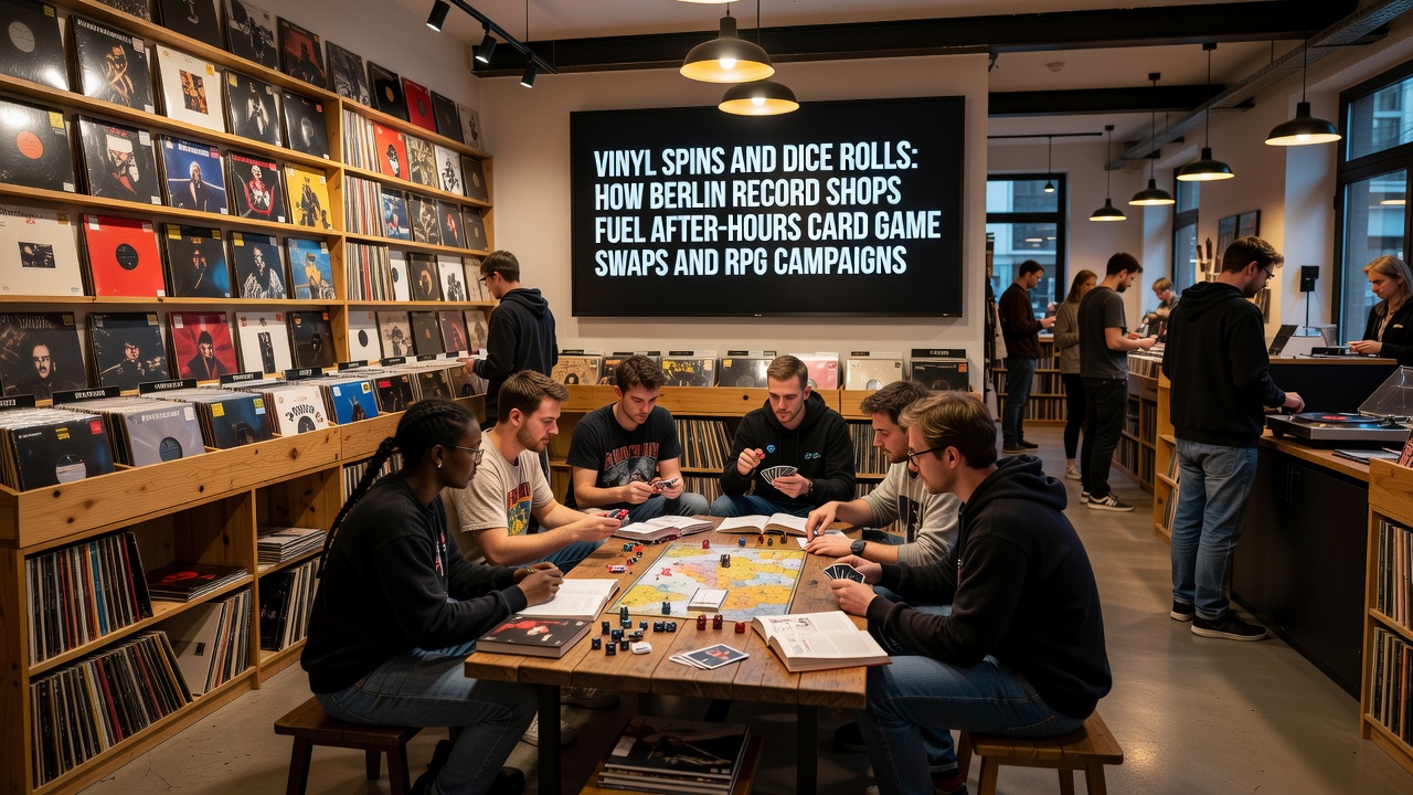 Gruppe von Spielern in einem Berliner Record Shop bei einem Kartentausch und RPG-Sitzung