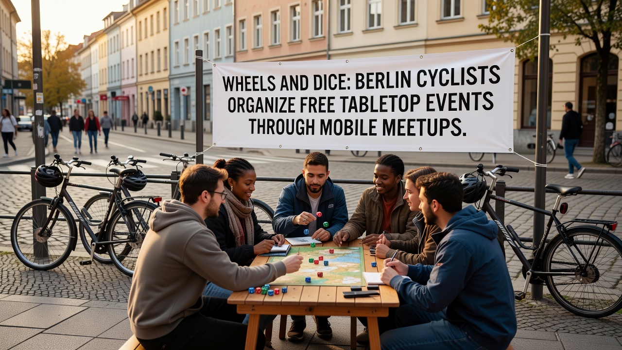 Gruppe von Radfahrern und Spielern bei einem Tabletop-Event an einem Berliner Kanalufer mit aufgebauten Spielen