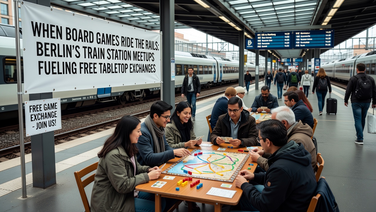 Spieler tauschen Brettspiele an einem Berliner Bahnhofstisch aus