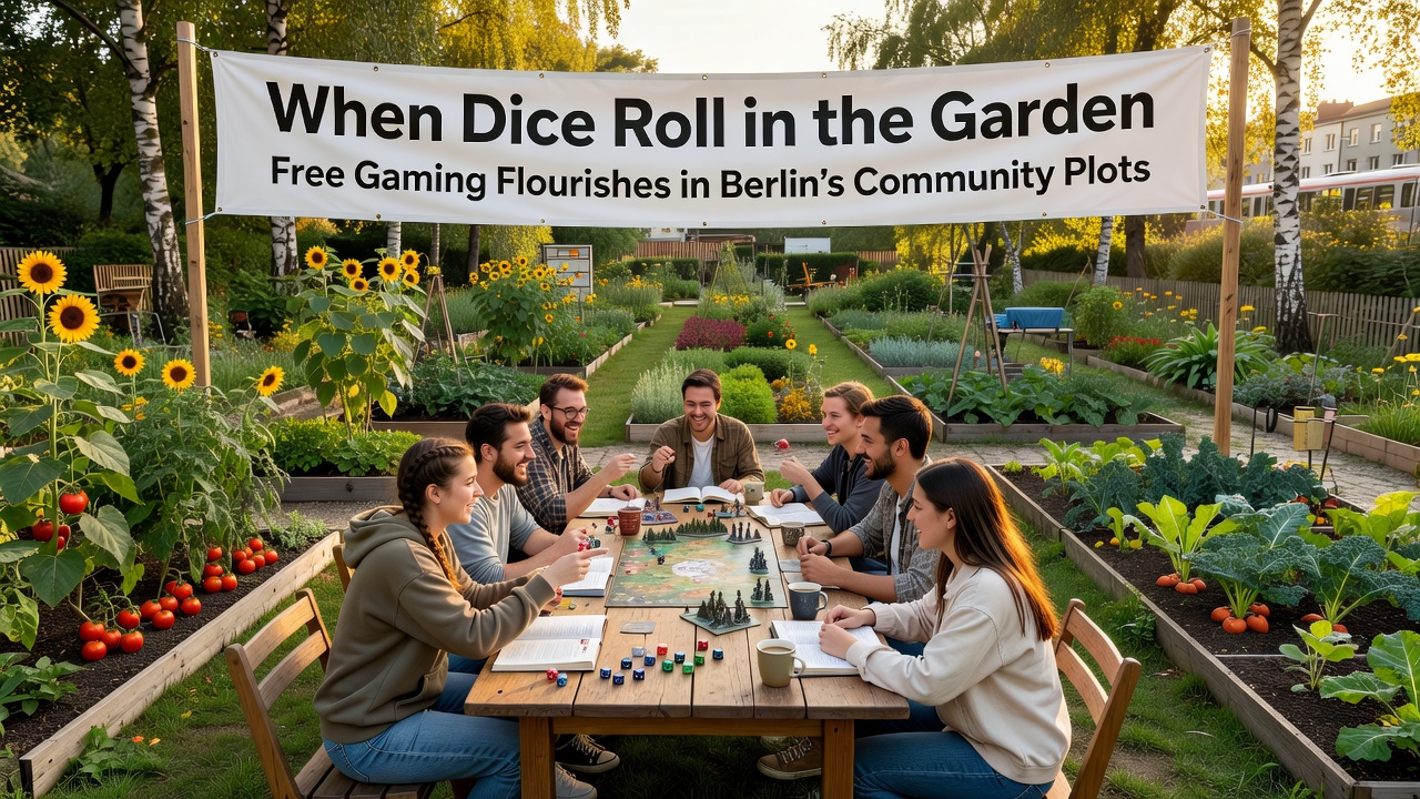Gruppe spielt Kartenspiele zwischen Blumenbeeten in einem Berliner Gemeinschaftsgarten